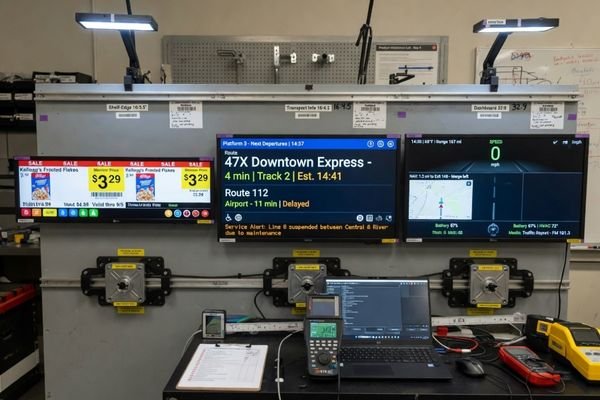 An image showing several stretched LCD active areas with different aspect ratios, such as narrow shelf-edge format, transportation information format, and wider dashboard format