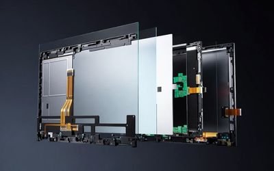 Large LCD display module with layered structure showing advanced display technology and optical design