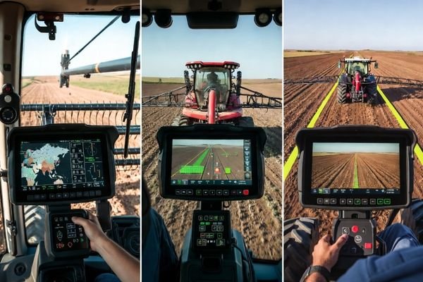 A collage of different agricultural displays: a small monitor, a large cabin display, and a guidance terminal