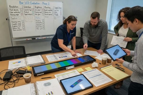 An engineer's checklist with items like Resolution, Interface, Brightness, and Mounting for a bar type LCD