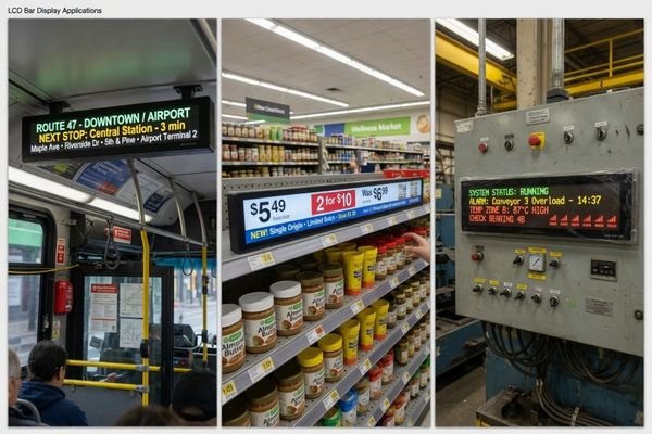 A collage of images showing bar type displays in use: on a bus, on a retail shelf, and on an industrial control panel