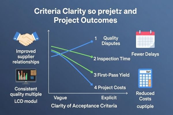 A graphic showing a downward trend for 'Costs' and 'Delays' as 'Clarity of Criteria' increases