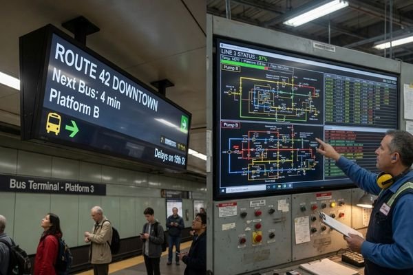 An image comparing two stretched LCD use cases: one long-distance public information display with large text and one close-range industrial dashboard with dense UI details