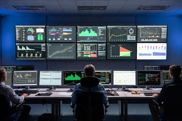 A modern control room with multiple LCD display modules showing data and graphs