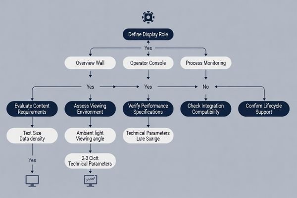 A flowchart diagram showing a strategic selection process for control room displays