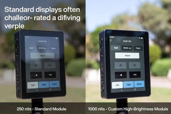 A split image showing a standard display washed out in sunlight versus a high-brightness, optically bonded custom display that remains clear