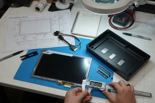 An image showing a design engineer at a desk with calipers, a device enclosure, and an LCD module, illustrating the integration process
