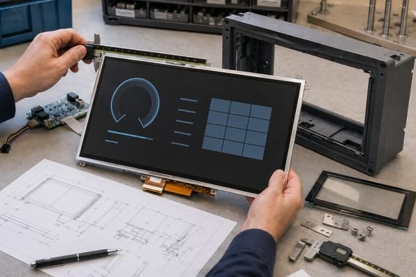Engineer measuring a custom LCD module for mechanical integration with a device enclosure, cover glass, connector area, and assembly drawings