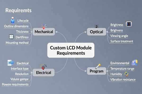 A checklist or mind map of key information needed for a custom LCD project specification