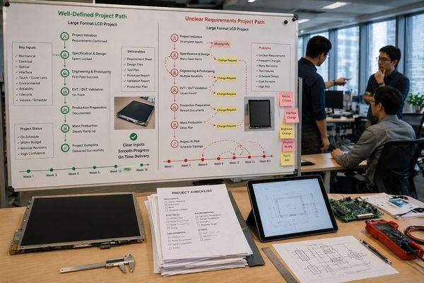 An image of a flowchart showing how clear inputs lead to a smooth project flow, while unclear inputs lead to a loop of revisions and delays