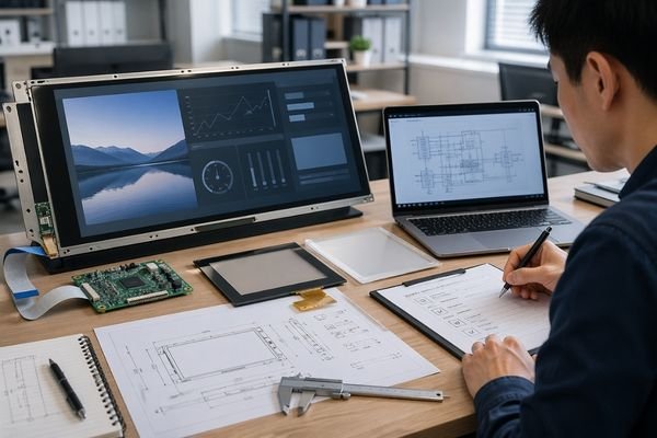 Engineer reviewing a custom LCD project with a large LCD module, mechanical drawings, interface diagram, and touch panel samples