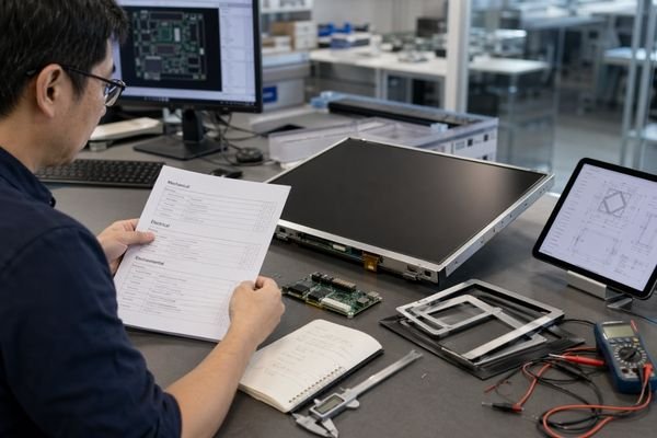 An image of an engineer at a desk reviewing a checklist or document titled 