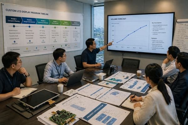An image depicting a project timeline, a volume forecast chart, and a product lifecycle graph
