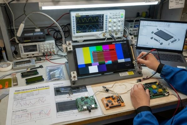 An image showing a custom stretched LCD module on an engineering workbench with interface boards, mechanical drawings, and a UI layout preview for resolution validation