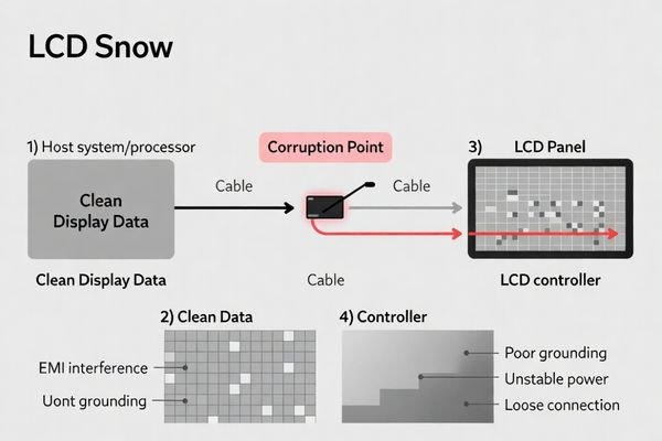 A diagram showing corrupted display data reaching an LCD module and resulting in visible snow