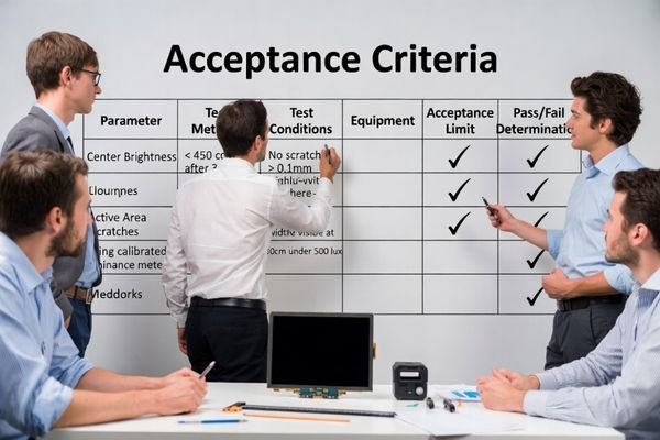An engineer writing detailed acceptance criteria on a whiteboard, with sections for method, conditions, and limits