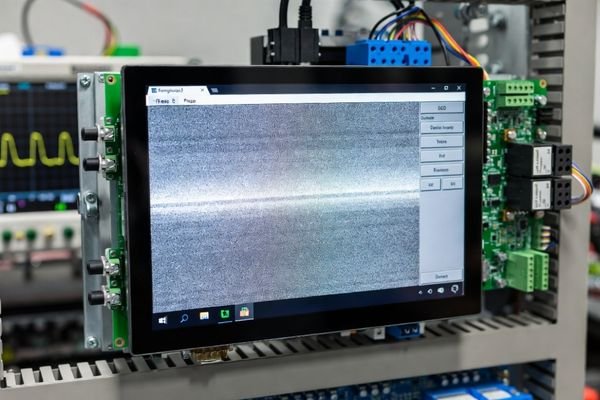 Large industrial LCD display module in a relay-switching diagnostic setup with transient flashing and oscilloscope waveform analysis