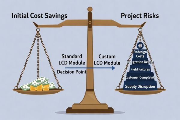 A balancing scale with 'Upfront Cost' on one side and 'Project Risk' (delays, rework, poor fit) on the other