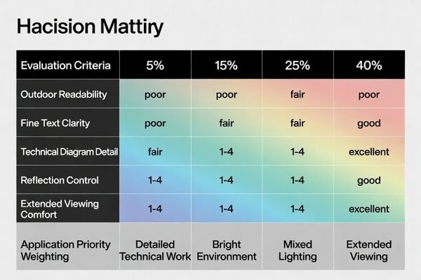 A decision matrix comparing different haze levels against criteria like 'Outdoor Readability' and 'Fine Text Clarity'