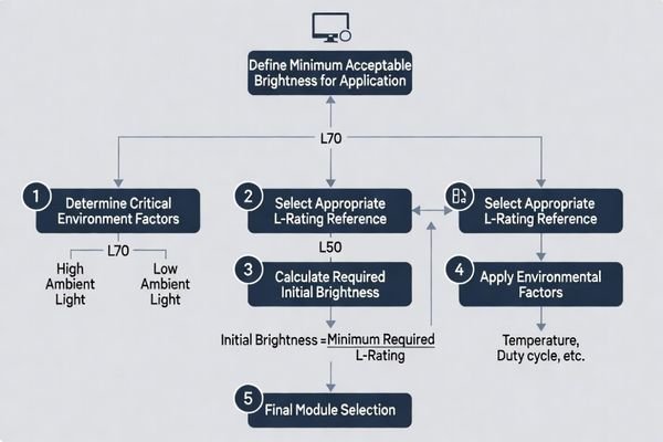 A flowchart showing the decision process: 1. Define Min Brightness -> 2. Select L70 Rating -> 3. Add Safety Margin -> 4. Final Selection”><figcaption>Engineering Decision Process Using L50 and L70</figcaption></figure>
</p>
<p>A practical engineering workflow looks like this:</p>
<ol>
<li><strong>Define the <a href=