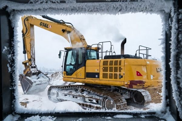 An image of an excavator working in a snowy, cold environment