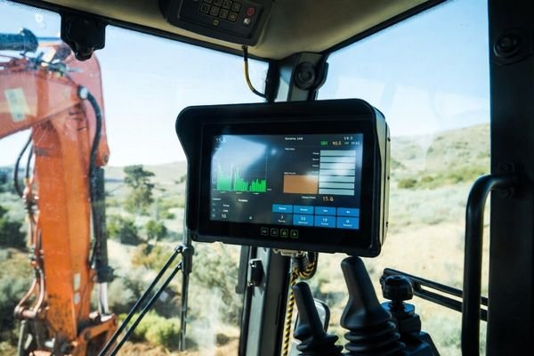 An LCD display module integrated into the dashboard of a modern excavator cabin