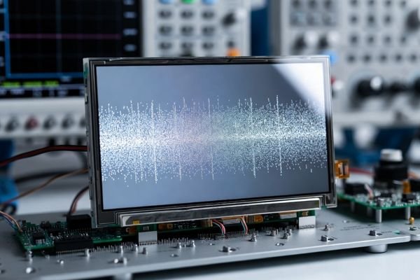 Industrial LCD display module showing fixed-position noise in one screen area during signal integrity diagnosis