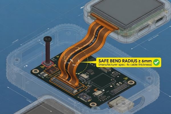 A CAD rendering showing the inside of a device, with the FPC cable routed from the LCD to the mainboard, highlighting a smooth bend radius and proper clearance