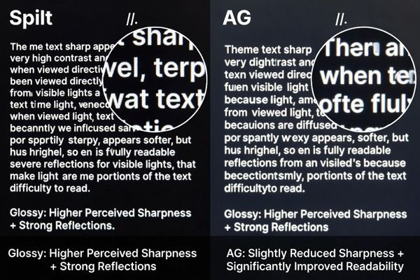 A side-by-side comparison of text on a glossy display and an AG-treated display under bright lighting