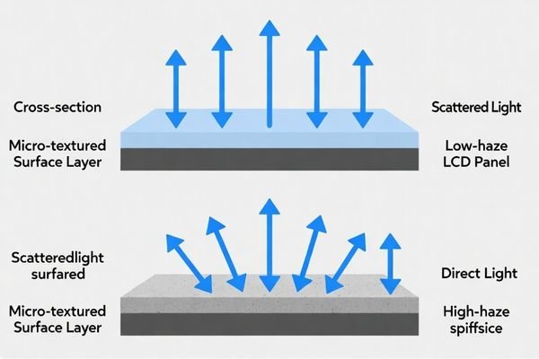 A diagram showing light transmission through a low-haze surface and a high-haze surface