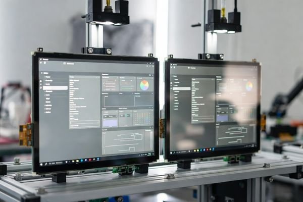 Industrial LCD display module samples under haze validation showing the trade-off between image clarity and anti-glare performance