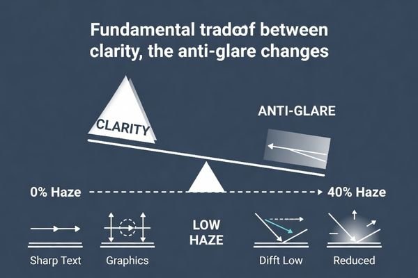 A diagram showing haze as a balancing scale between 'Clarity' and 'Anti-Glare'