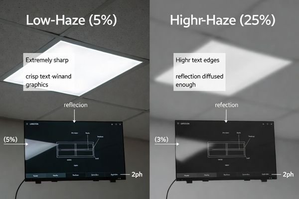 A split-screen image: one side shows fine text that is legible, the other shows the same text obscured by a harsh reflection