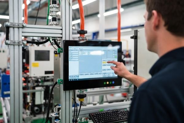 An image of a user operating an industrial HMI panel in a brightly lit environment