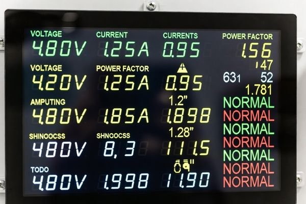 Close-up of a high-contrast industrial LCD display module showing numerical values and status icons