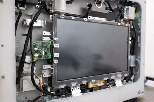 An image showing a standard LCD module with multiple workarounds like adapter boards and custom brackets trying to fit into a complex product enclosure