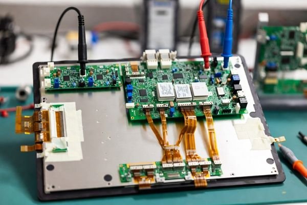 A photo of a messy prototype with an adapter board and multiple ribbon cables connecting a standard display to a mainboard