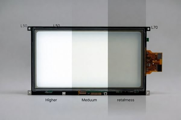 Industrial LCD display modules showing different retained brightness levels to illustrate L50 and L70 backlight life