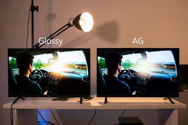 An image comparing a glossy display with a sharp reflected light source and an AG display with diffused reflection