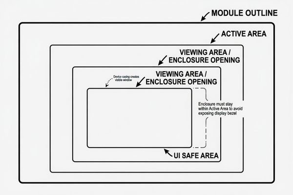 A diagram illustrating the nested relationship of the module outline, active area, viewing area, and enclosure opening