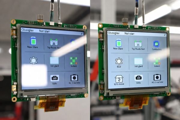 An LCD display module with an anti-glare surface showing reduced reflections under bright ambient light