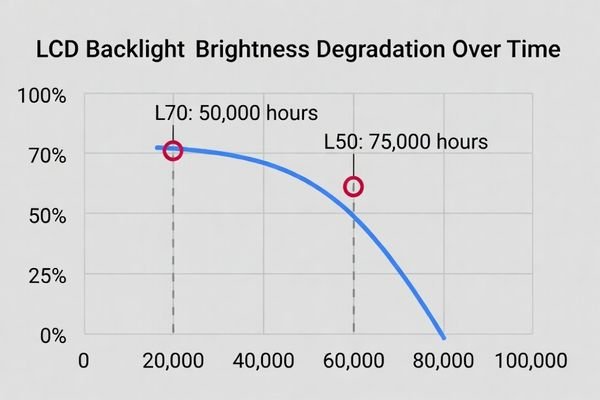 A graph showing the brightness degradation curve of an LCD backlight over time, with L70 and L50 points clearly marked