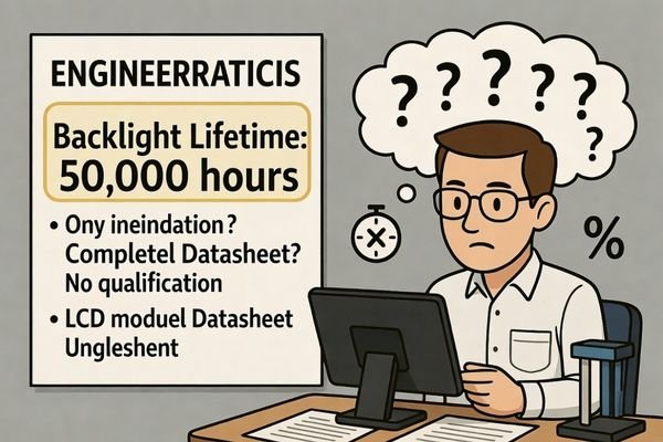 A cartoon showing an engineer looking confused at a datasheet that just says 