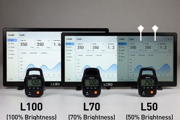 An infographic comparing two screens, one at 100% brightness (L100), one at 70% (L70), and one at 50% (L50)