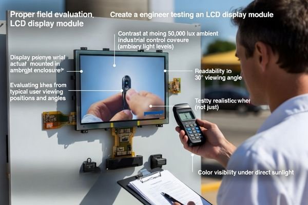 An engineer evaluating an LCD display module outdoors inside its final enclosure under real lighting conditions