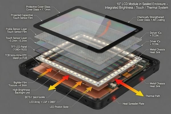 An image showing an LCD module stack with backlight, LCD panel, touch sensor, cover glass, and thermal path inside a device enclosure