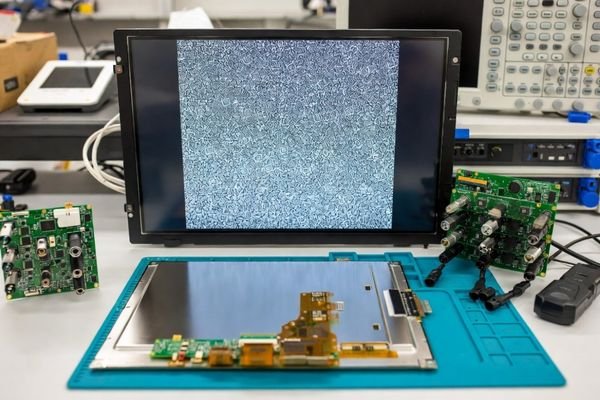 A bench setup showing a source board, cable, and LCD module ready for component swapping