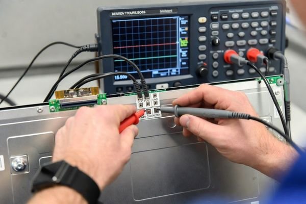 An engineer probing test points on a PCB near the LCD module's connector