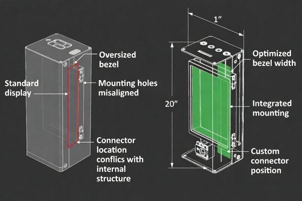 An image showing a CAD drawing where a standard display's bezel is too large for the product's sleek front panel design