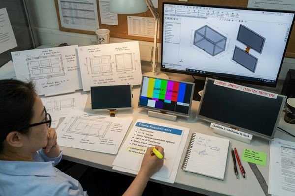An image showing an engineer reviewing device requirements, sketches, and LCD module options before selecting a display